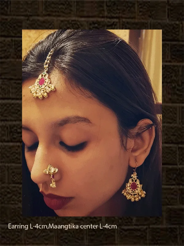 Frayed edge earrings-Pacchi Kundan leaf shaped earrings with maangtika in ruby and white