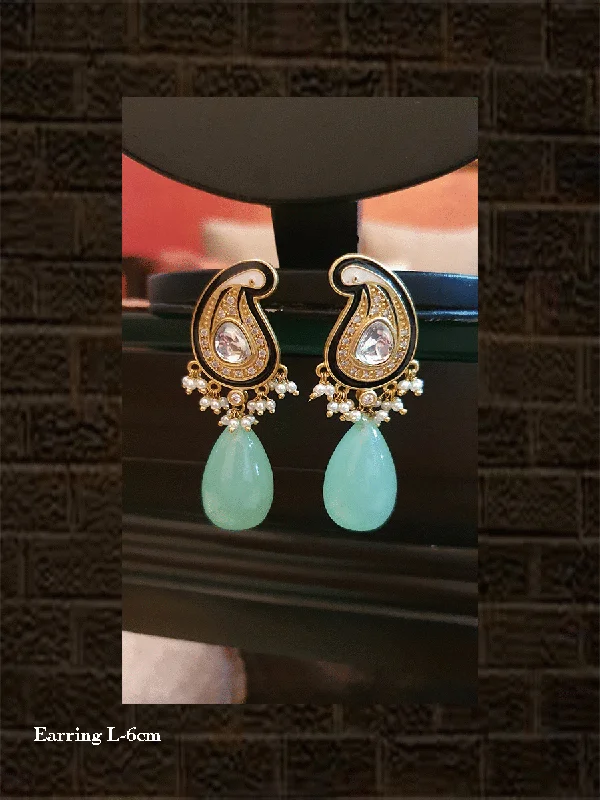 Layered stack earrings-Paisley golden AD and kundan top with aqua green tear drop