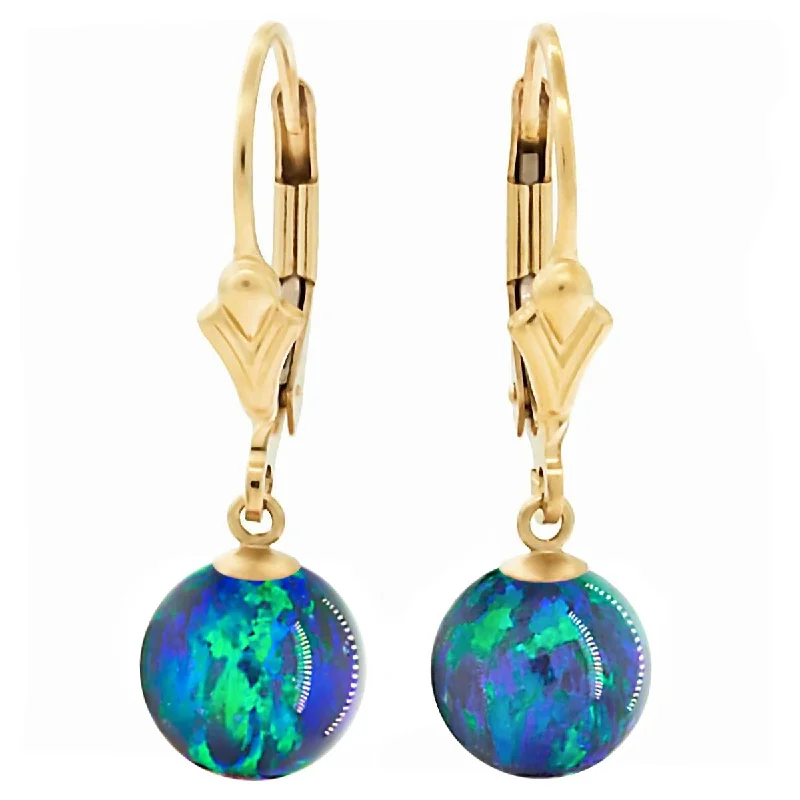 Fused stone earrings-Perrin: Blue-Green Peacock Created Australian Opal Ball Drop Leverback Earrings 14-20 Gold Filled