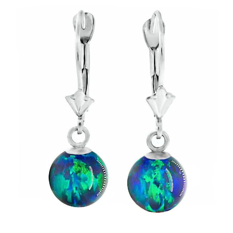 Gritty grain earrings-Perrin: Blue-Green Peacock Created Australian Opal Ball Drop Leverback Earrings 14K White Gold