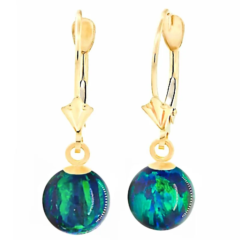 Pocked edge earrings-Perrin: Blue-Green Peacock Created Australian Opal Ball Drop Leverback Earrings 14K Yellow Gold