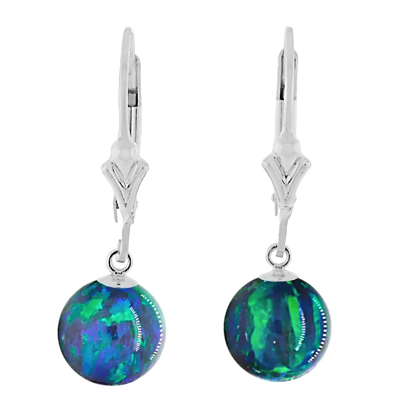 Antique twist earrings-Perrin: Blue-Green Peacock Created Australian Opal Ball Drop Leverback Earrings 925 Sterling Silver