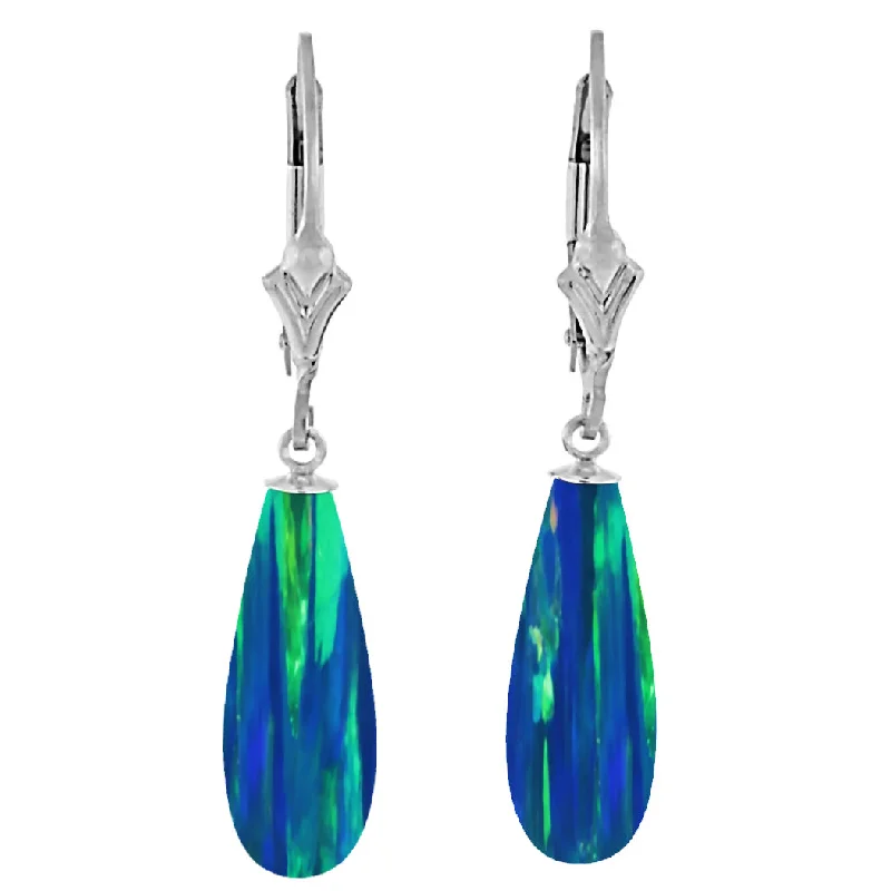 Fluid stripe earrings-Perrin: Blue-Green Peacock Created Australian Opal Teardrop Drop 925 Silver Leverback Earrings