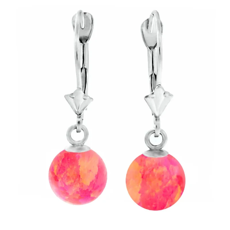 Vintage cut earrings-Pia: Hot Pink Created Australian Opal Ball Drop Leverback Earrings 14K White Gold