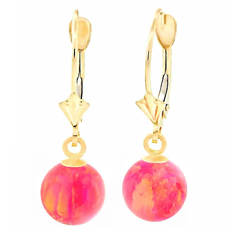 Edwardian bend earrings-Pia: Hot Pink Created Australian Opal Ball Drop Leverback Earrings 14K Yellow Gold