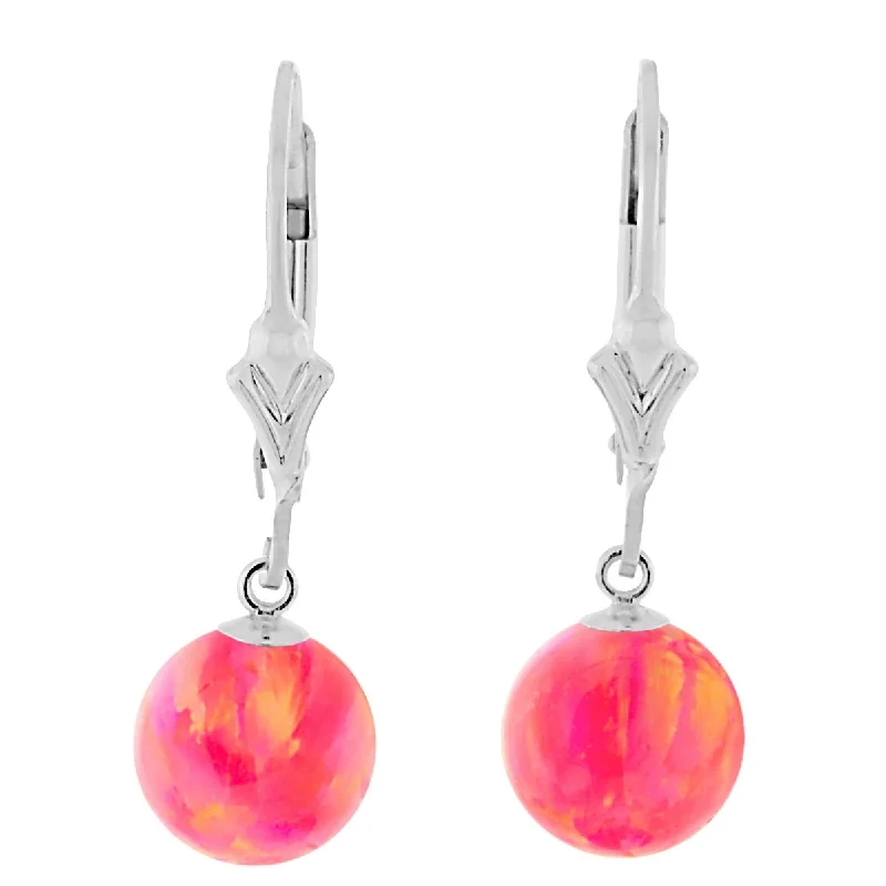 Scythian gold earrings-Pia: Hot Pink Created Australian Opal Ball Drop Leverback Earrings 925 Sterling Silver