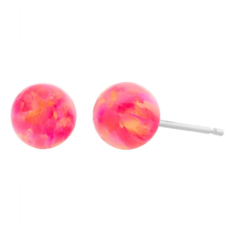 Daisy bloom earrings-Pia: Hot Pink Created Australian Opal Ball Stud Earrings 14K White Gold