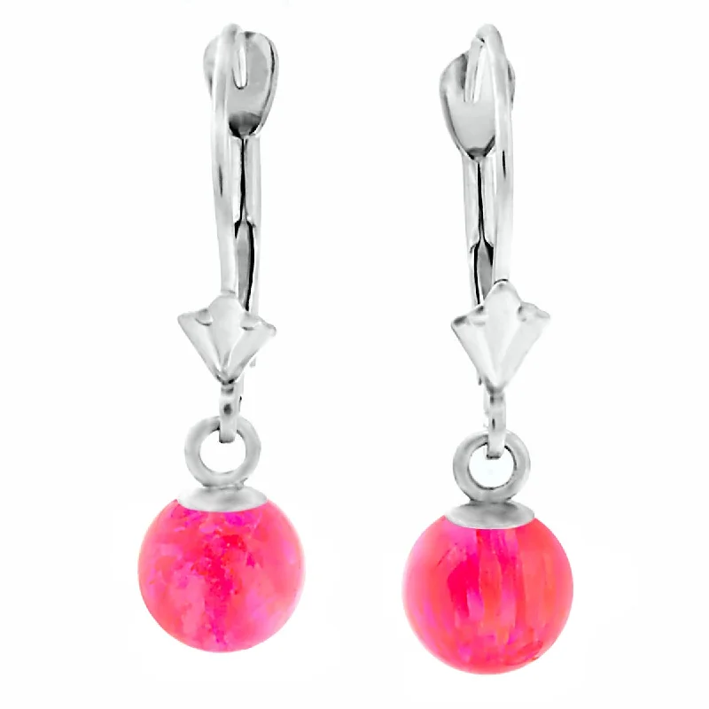 Crimped rim earrings-Pim: Mimosa Pink Created Australian Opal Ball Drop Leverback Earrings 14K White Gold