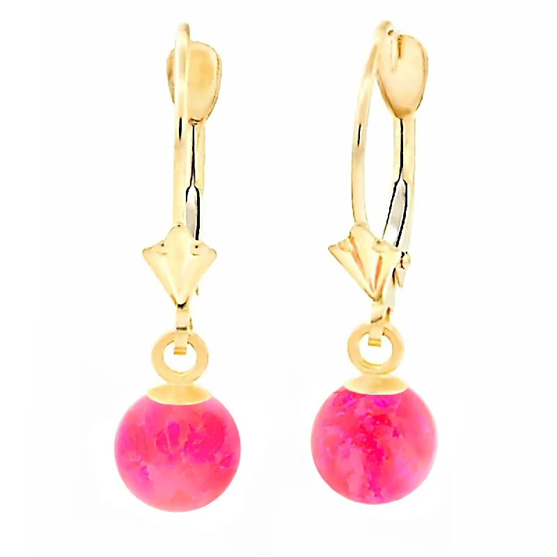 Braided cord earrings-Pim: Mimosa Pink Created Australian Opal Ball Drop Leverback Earrings 14K Yellow Gold