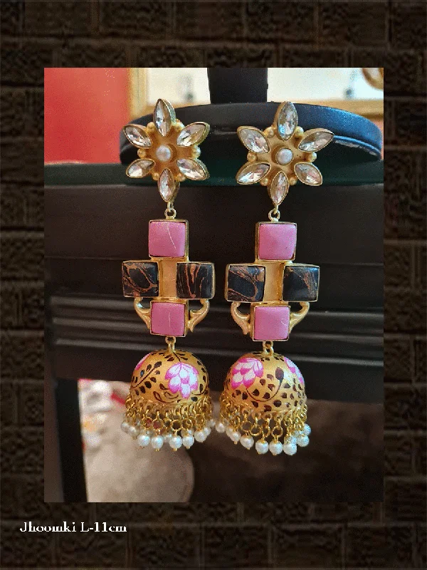 Wool braid earrings-Pink and black stone kundan golden hand painted jhoomki earrings