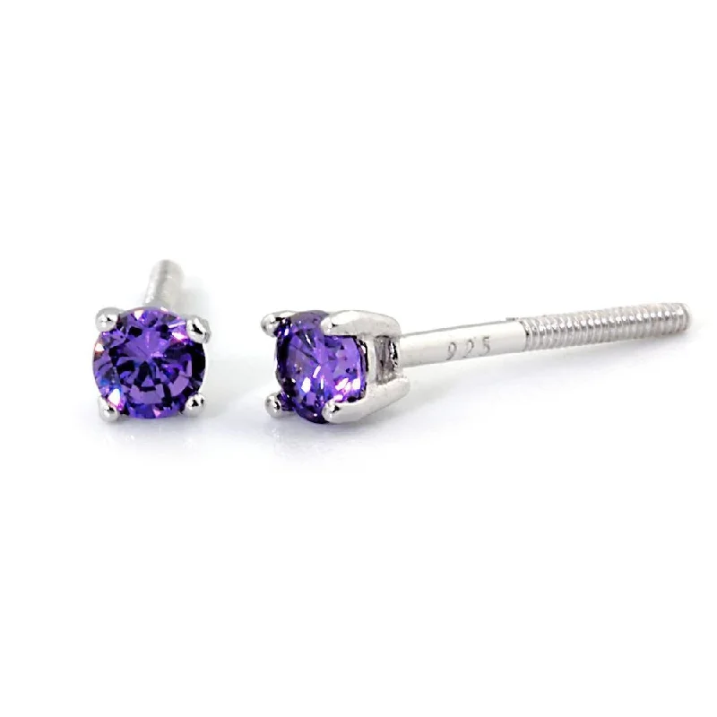 Ash bead earrings-Pisces: 3mm 0.2ct Amethyst Ice CZ Screw Back Earrings 925 Silver