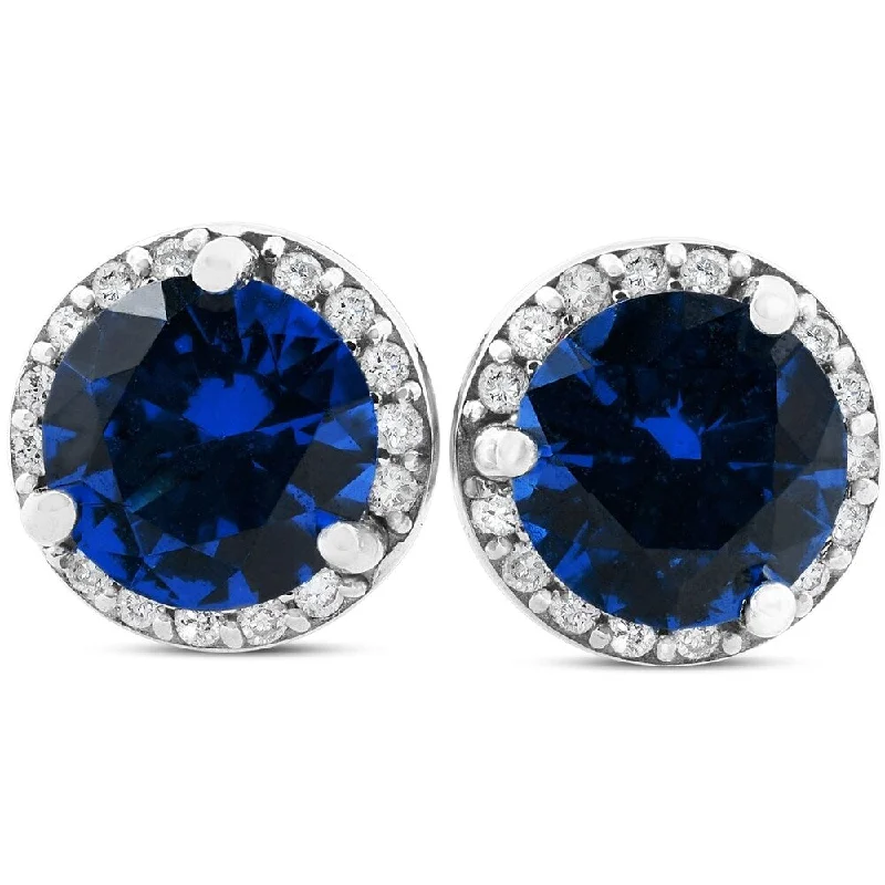 Shell splinter earrings-Pompeii3 18K White Gold 1cttw Blue Sapphire Halo Diamond Studs