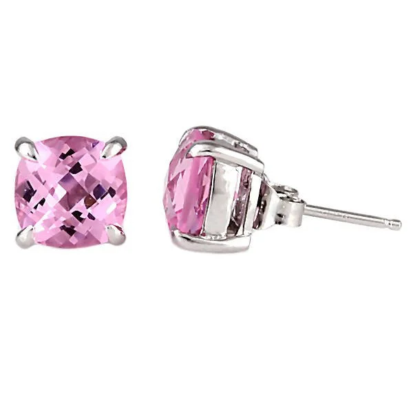 Vermilion ruby earrings-Preslie: 6.5ct, 8mm Cushion Cut Simulated Pink Tourmaline Stud Earrings Silver