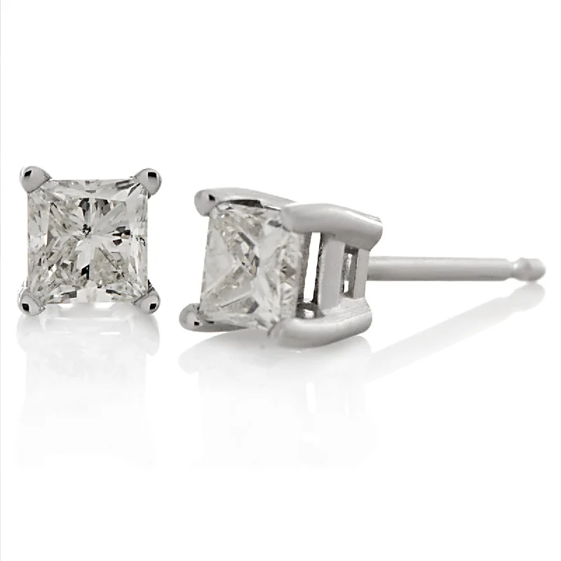 Lily cluster earrings-Princess-Cut White Diamond 14K Gold Stud Earrings Basket Setting G-H I1