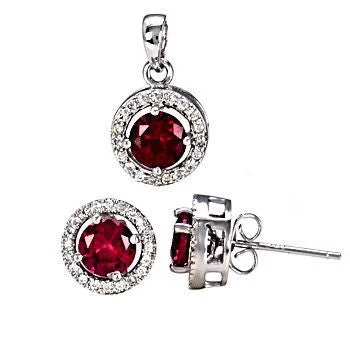 Twin stone earrings-Rachel: 2.55ct 10mm Halo Jacket Ruby Basket Stud Earring & Pendant Set