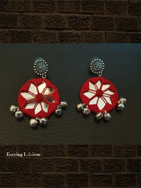 Leaf braid earrings-Red thread mirror work handmade earrings with silver ghunghru