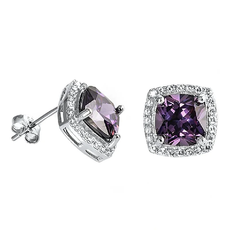 Layered stack earrings-Roanna: 8mm Amethyst Ice CZ Cushion cut & IOF CZ Halo Silver Earrings