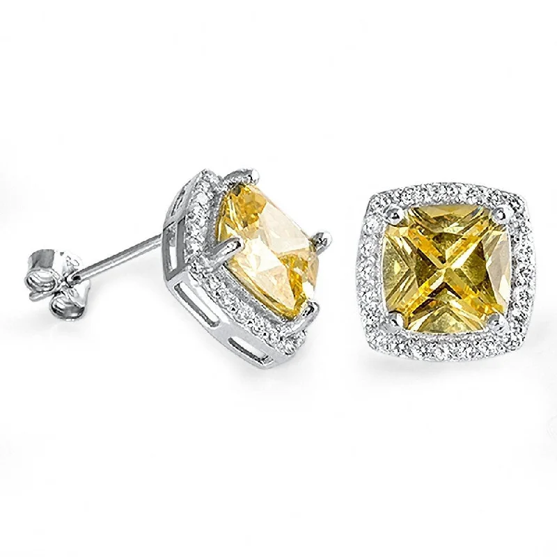 Edwardian bend earrings-Rochelle: 8mm Citrine Ice CZ Cushion cut & IOF Halo Silver Earrings