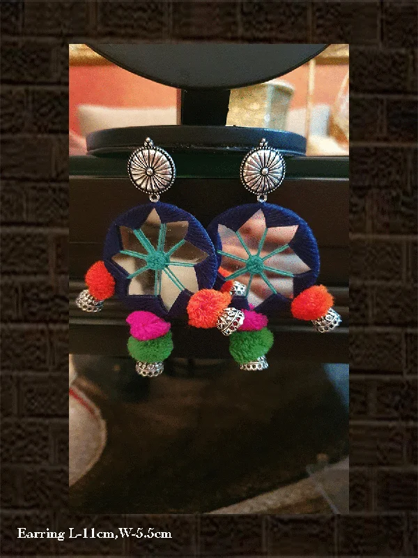 Toasted timber earrings-Royal blue thread and mirror work circular long with GS jhoomki earring and multicoloured pompom