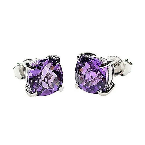 Quartz fleck earrings-Saline: 6.5ct, 8mm Cushion Cut Amethyst Crystal Stud Earrings Silver