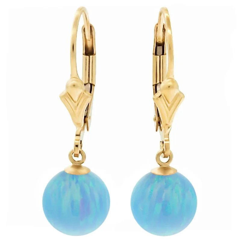 Faint shade earrings-Sky: Azure Blue Created Australian Opal Ball Drop Leverback Earrings 14-20 Gold Filled