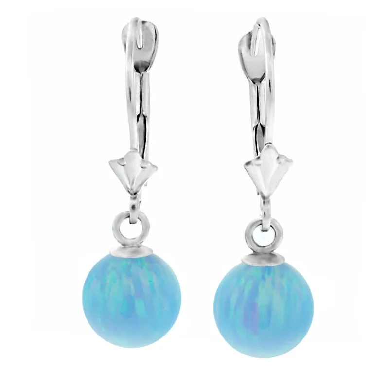 Gritty grain earrings-Sky: Azure Blue Created Australian Opal Ball Drop Leverback Earrings 14K White Gold