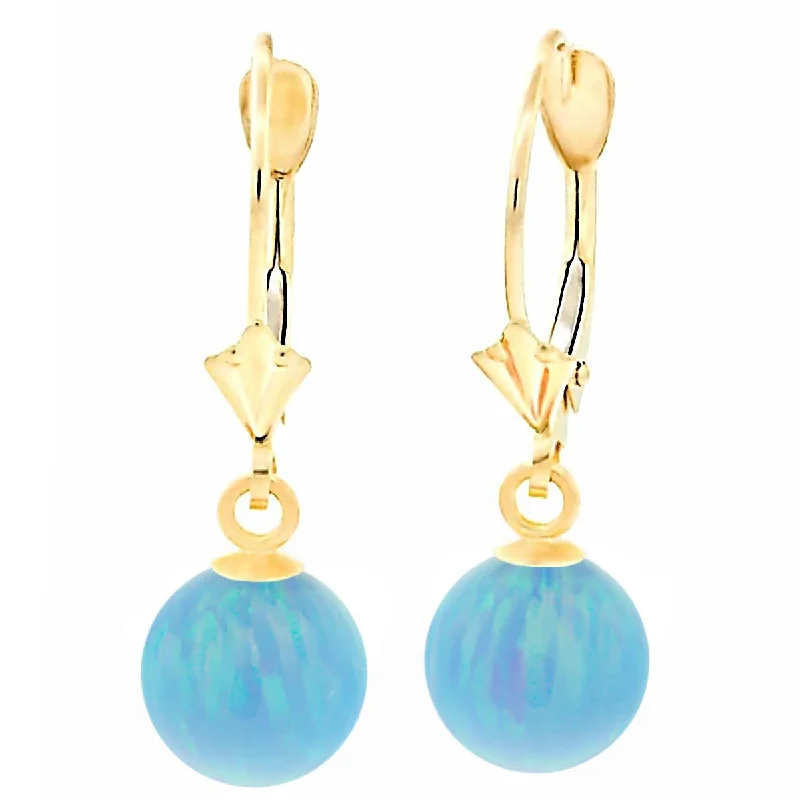 Ragged edge earrings-Sky: Azure Blue Created Australian Opal Ball Drop Leverback Earrings 14K Yellow Gold