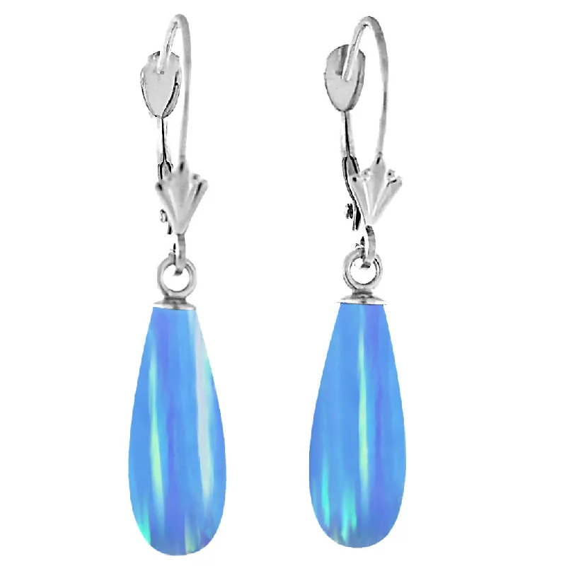 Check band earrings-Sky: Azure Blue Created Australian Opal Teardrop 14K White Gold Leverback Earrings