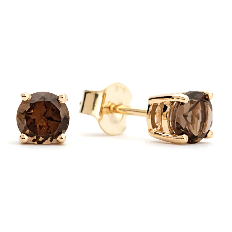 Leaf braid earrings-Solitaire Smoky Quartz Studs in Yellow Gold