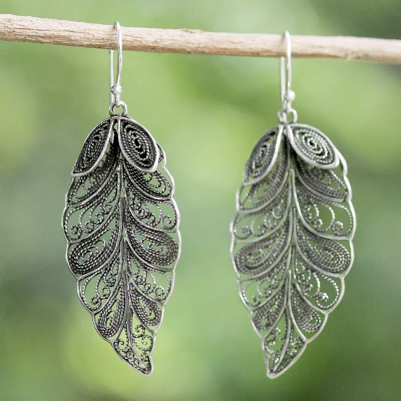 Amber topaz earrings-Sterling Silver 'Feathered Leaves' Filigree Earrings