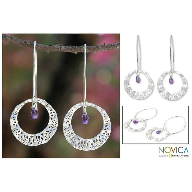 Plaid weave earrings-Sterling Silver 'Lanna Moon' Amethyst Dangle Earrings (Thailand)