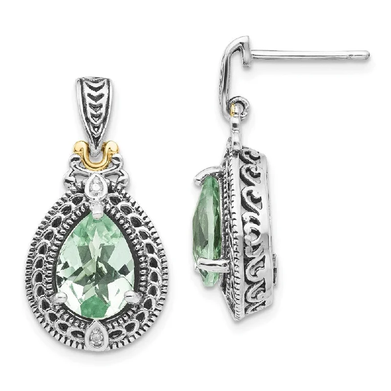 Frayed edge earrings-Sterling Silver w/14k Diamond & Green Quartz Earrings