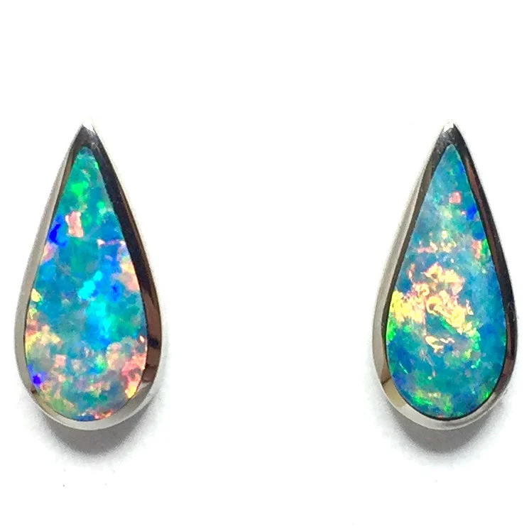 Frayed edge earrings-Opal Earrings Tear Drop Inlaid Design Studs