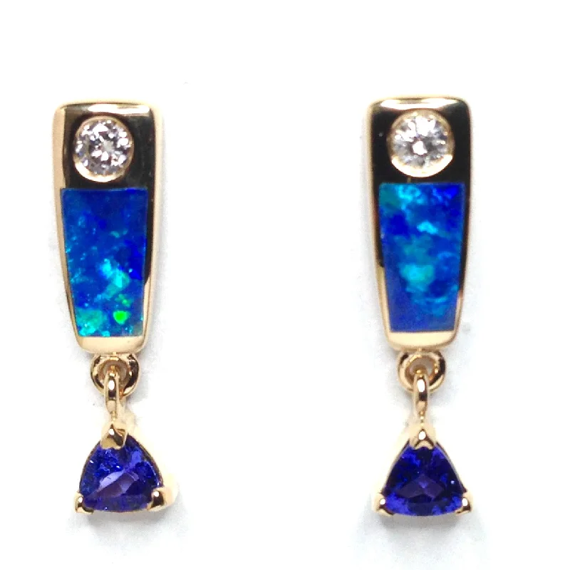 Maple grain earrings-Opal Earrings Inlaid with Trillion Cut Tanzanite and .11ctw Diamonds