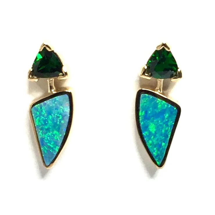 Briolette sapphire earrings-Opal Earrings Triangle Inlaid Design with Trillion Cut Tsavorite Studs