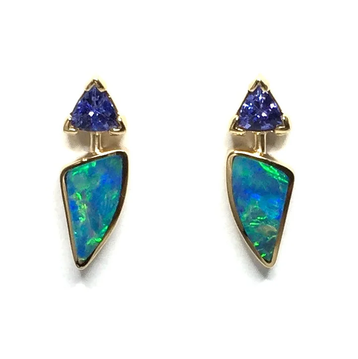 Pegged design earrings-Opal Earrings Triangle Inlaid Design with Trillion Cut Tanzanite Studs