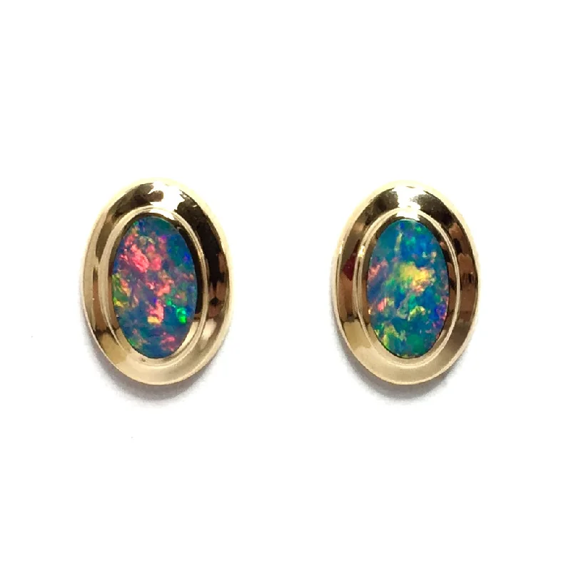 Tin toned earrings-Opal Earrings Oval Inlaid Design Studs