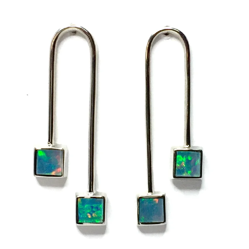 Sweeping edge earrings-Opal Earrings Curved Bar Double Square Inlaid Ends Design Studs