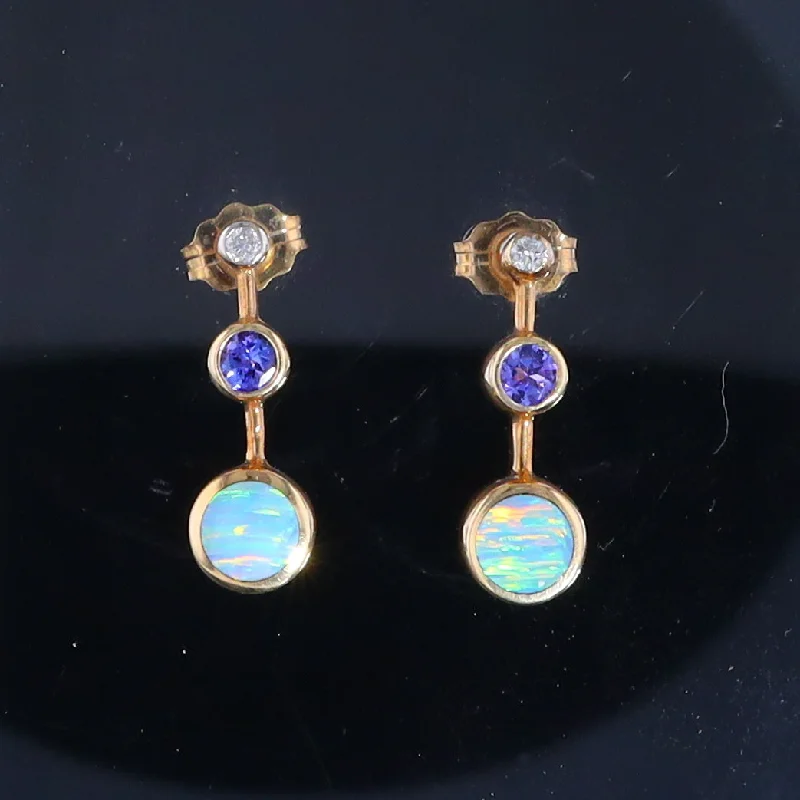 Plaid weave earrings-Opal Earrings Inlaid Design with Tanzanite and .04ctw Round Diamonds