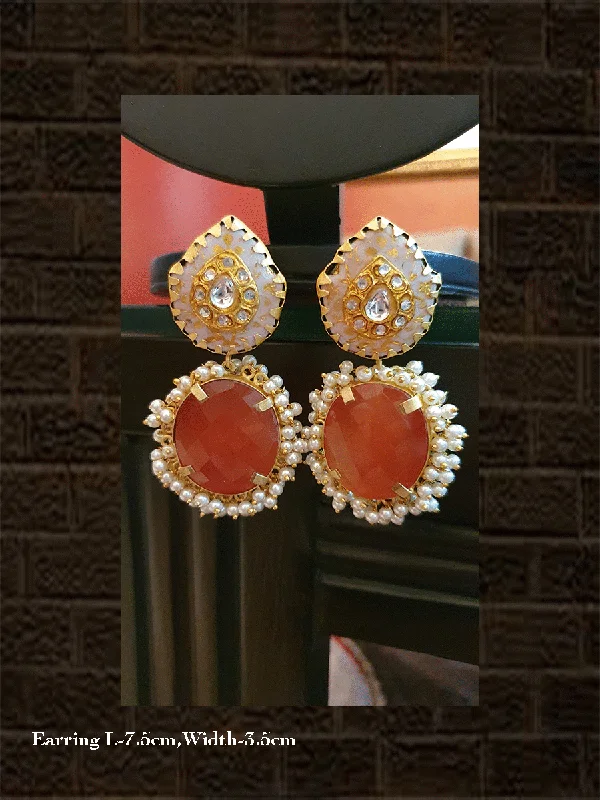 Glossy gem earrings-White stone with kundan work and oval big rust natural stone earring with pearly cluster