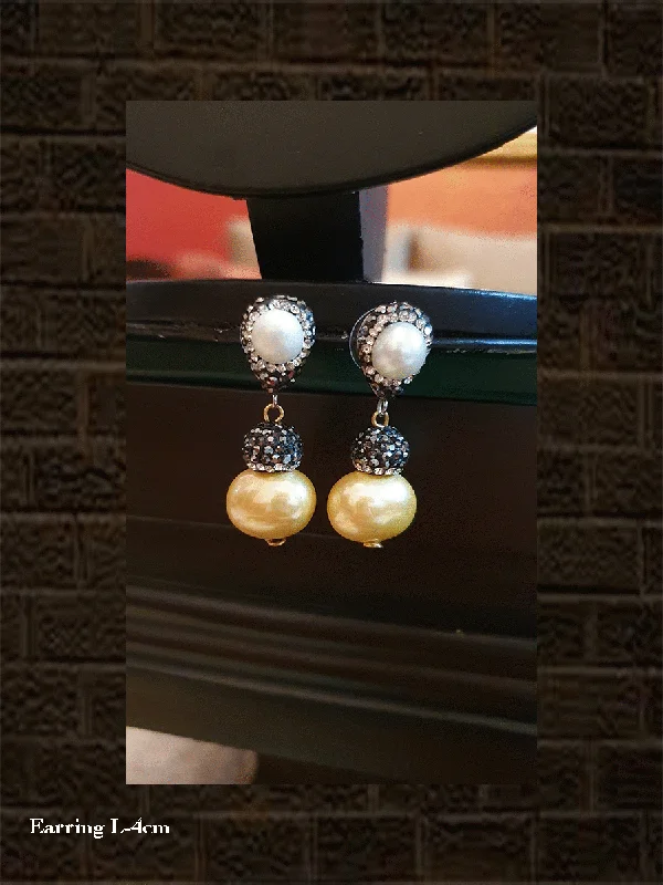 Narrow bezel earrings-Yellow bead drop with AD and pearl bead top black finish earring